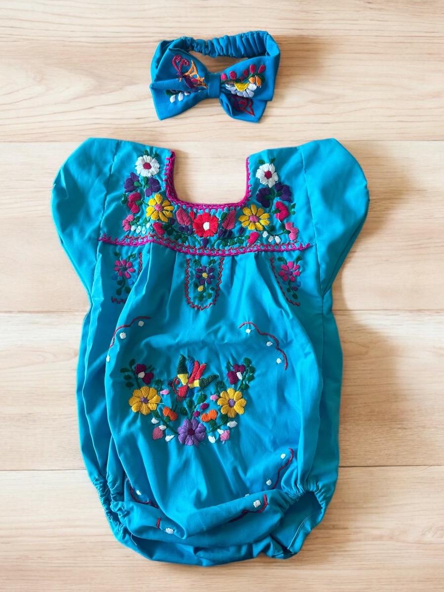 Hand-Embroidered Puebla-Style Romper with Headband - Mexican Floral Design