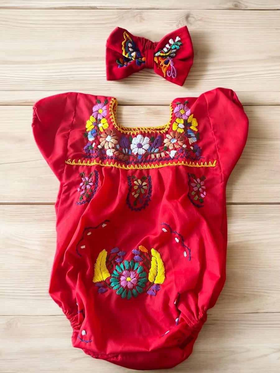 Hand-Embroidered Puebla-Style Romper with Headband - Mexican Floral Design