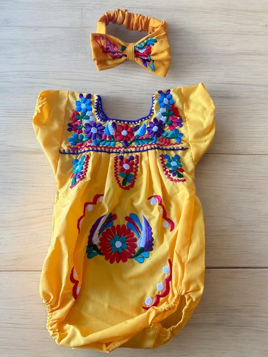 Hand-Embroidered Puebla-Style Romper with Headband - Mexican Floral Design