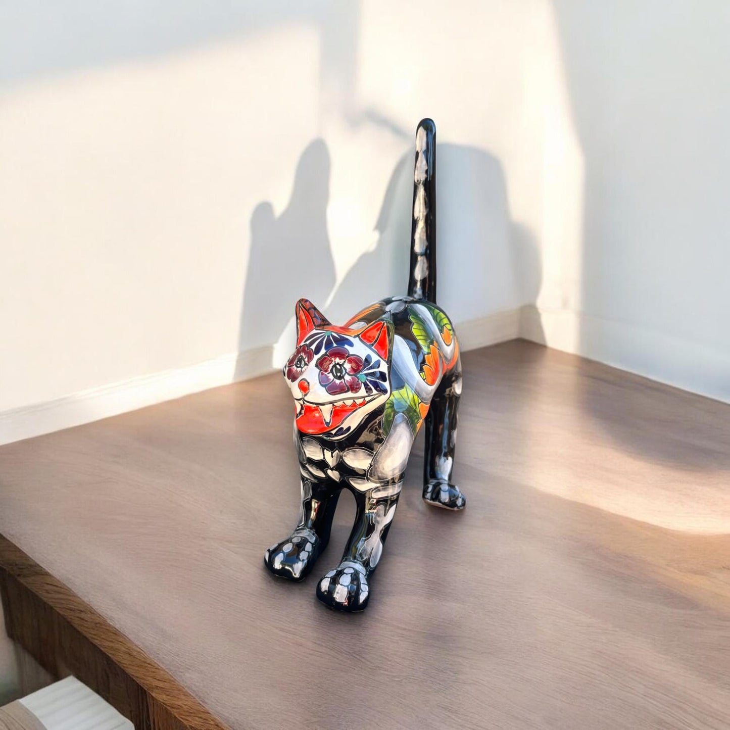 Handmade Talavera Arched Cat Statue | Day of the Dead Ceramic Cat Art