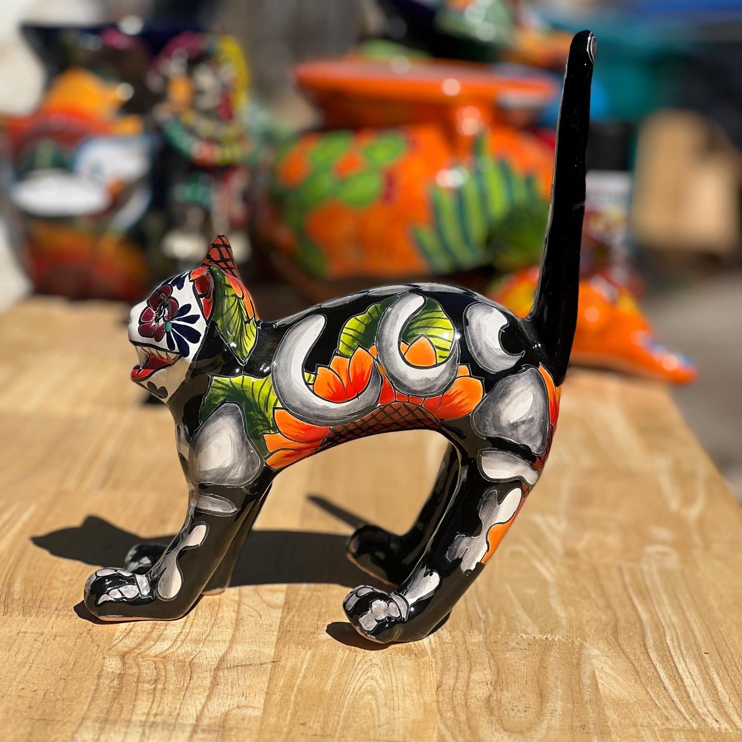 Handmade Talavera Arched Cat Statue | Day of the Dead Ceramic Cat Art