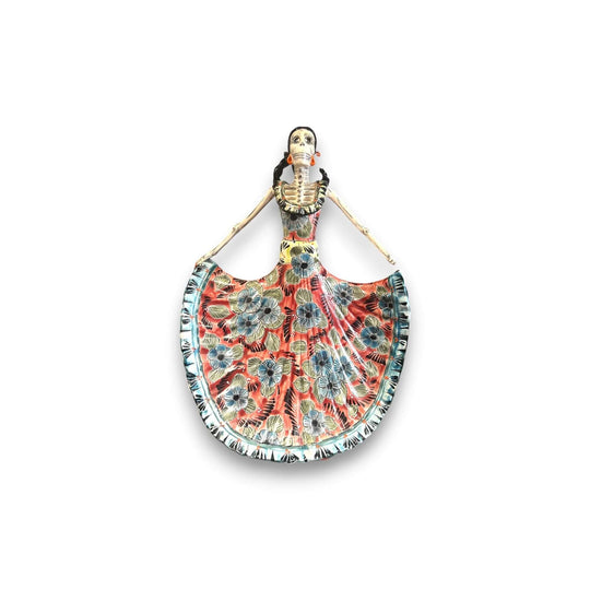 Talavera Day of the Dead Catrina | Colorful Dress Figurine, hand-painted Talavera skeleton with flowing floral dress for Día de los Muertos altar
