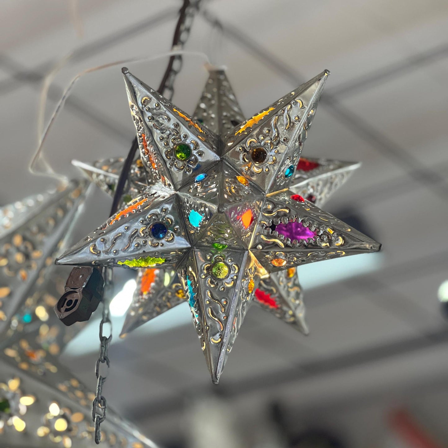 Handmade Metal Star Ornament | Stained Glass Light Fixture