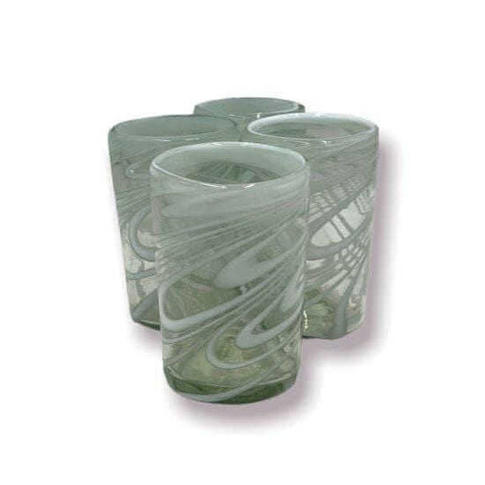 White Swirl Hand-Blown Mexican Glass | Artisan Drinkware - set of 4 clear lead-free glasses with soft white swirl pattern, hand-blown in Guanajuato