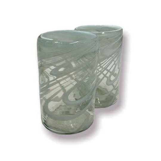 White Swirl Hand-Blown Mexican Glass | Artisan Drinkware - pair of clear hand-blown glasses with soft white swirl pattern, lead-free artisan drinkware