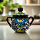 Handmade Talavera Sugar Jar | Colorful Mexican Ceramic Pot with blue floral hand-painted Talavera design, glossy lead-free glaze, two handles