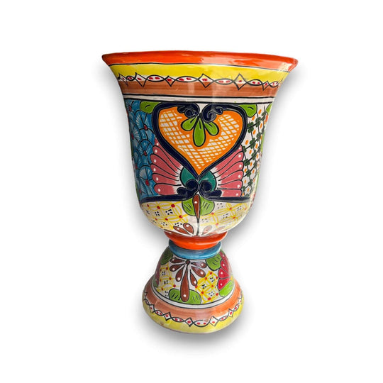 Extra Large Talavera Flower Pot | Hand-Painted Pedestal Planter with vibrant hand-painted floral and geometric motifs, flared rim, pedestal base