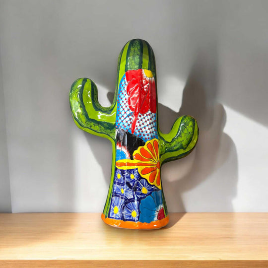 Handmade Talavera Cactus Statue | Medium Size Colorful Cultural Art hand-painted ceramic cactus with bright floral Talavera patterns