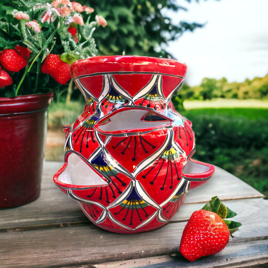 Handmade Talavera Strawberry Planter | Hand-Painted Red Peacock Design