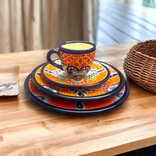 Colorful Handcrafted 16-Piece | Mexican Talavera Dinnerware Set (Seats 4)