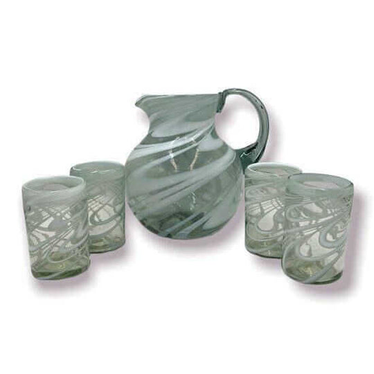 White Swirl Hand-Blown Mexican Glass | Artisan Drinkware pitcher and four matching glasses, hand-blown lead-free glass with white swirl design