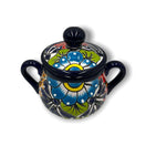 Handmade Talavera Sugar Jar | Colorful Mexican Ceramic Pot - hand-painted blue floral sugar jar with lid and handles