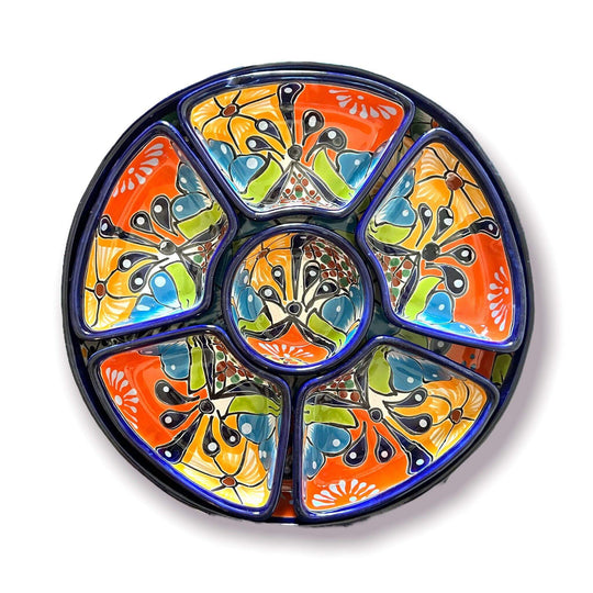 Talavera Appetizer Tray Set | Mexican Hand Painted Pottery - hand-painted floral serve tray in bright orange, yellow, blue and green