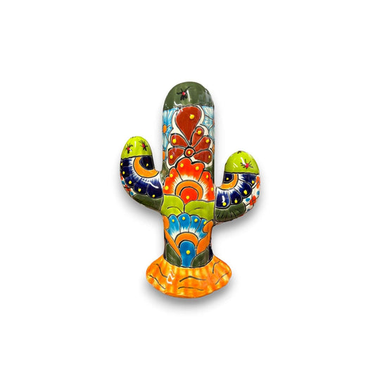 Alt Tag: Handmade Talavera Cactus Statue | Medium Size Colorful Cultural Art hand-painted cactus statue from Guanajuato with bright floral Talavera design