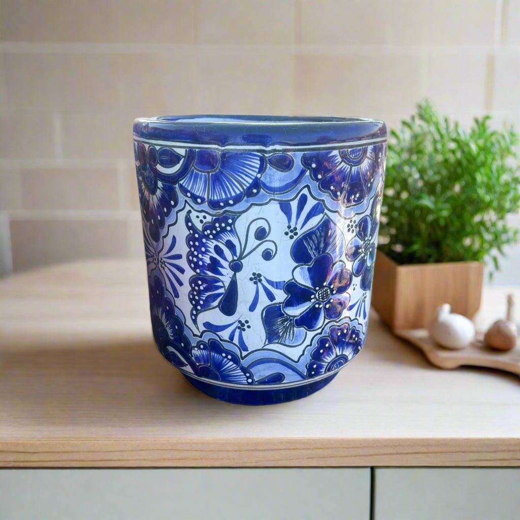 Artisan Talavera Planter | Blue & White Mexican Flower Pot