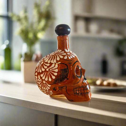 Handmade Skull Decanter Set | Brown & White Mexican Barware