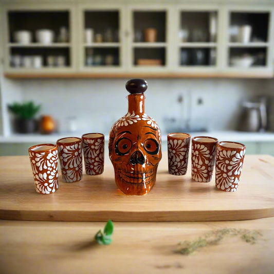 Handmade Skull Decanter Set | Brown & White Mexican Barware