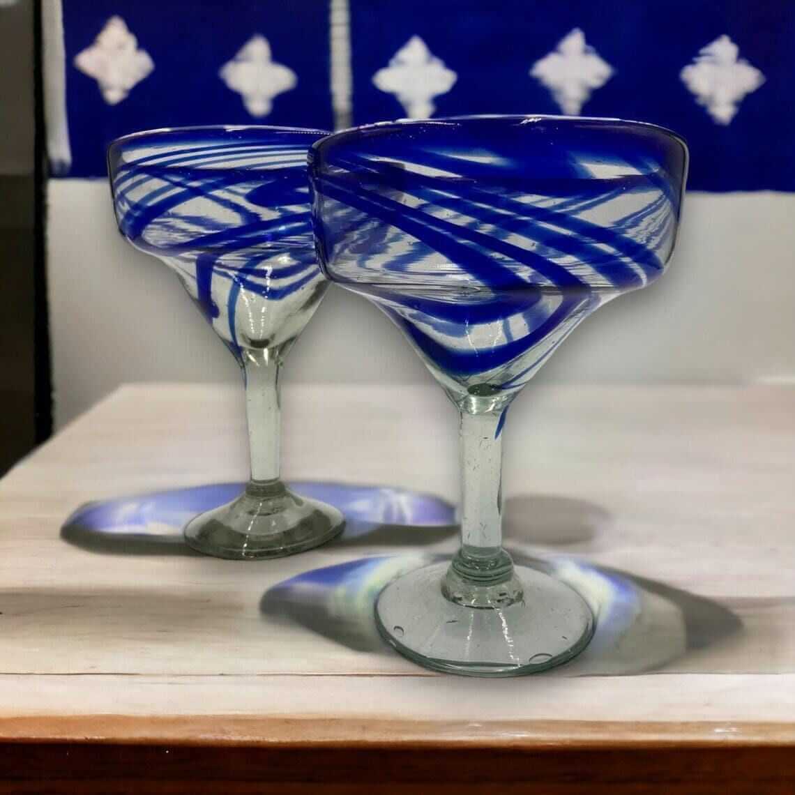 Hand-Blown Mexican Margarita Glass | Blue Swirl