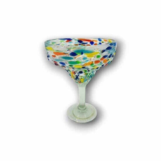 Hand Blown Mexican Margarita Glass | Colorful Pebbled Confetti Design - hand-blown lead-free glass margarita cup with multicolor pebbled confetti pattern