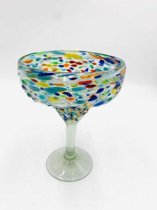 Hand Blown Mexican Margarita Glass | Colorful Pebbled Confetti Design - hand-blown lead-free glass margarita cup with multicolored pebbled confetti pattern