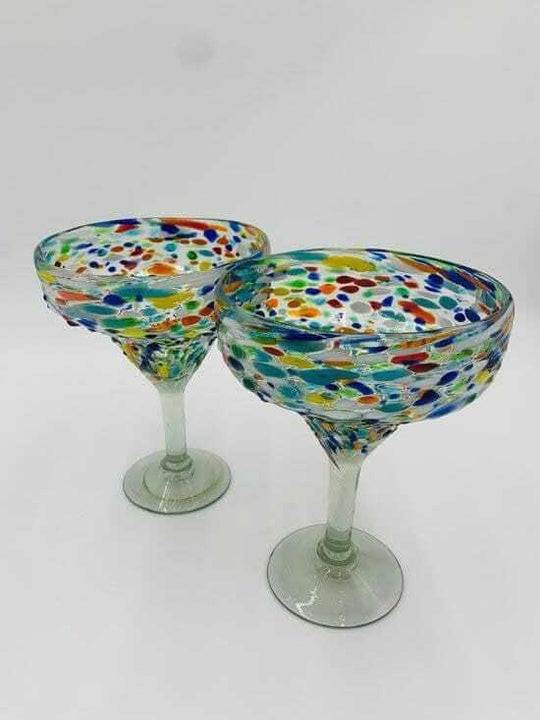 Hand Blown Mexican Margarita Glass | Colorful Pebbled Confetti Design - pair of hand-blown lead-free margarita glasses with vibrant pebbled confetti pattern