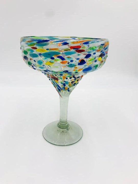 Hand Blown Mexican Margarita Glass | Colorful Pebbled Confetti Design handcrafted lead-free glass margarita cup with multicolored pebbled confetti pattern