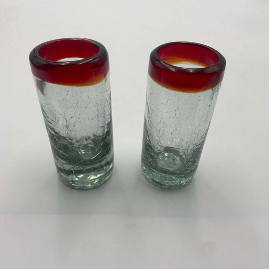 Hand-Blown Crackled Shot Glass | Red Rim Mexican Barware - pair of hand-blown crackled shot glasses with bold red rims