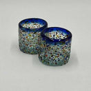 Hand-Blown Mexican Shot Glass | Confetti Triple Shot - pair of blue-rimmed hand-blown lead-free glass shot glasses with colorful confetti speckles, Guanajuato-made