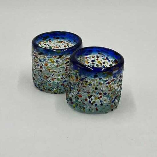 Hand-Blown Mexican Shot Glass | Confetti Triple Shot - pair of blue-rimmed hand-blown lead-free glass shot glasses with colorful confetti speckles, Guanajuato-made