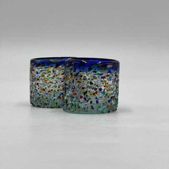 Hand-Blown Mexican Shot Glass | Confetti Triple Shot - hand-blown lead-free glass pair with blue rim and colorful confetti speckles