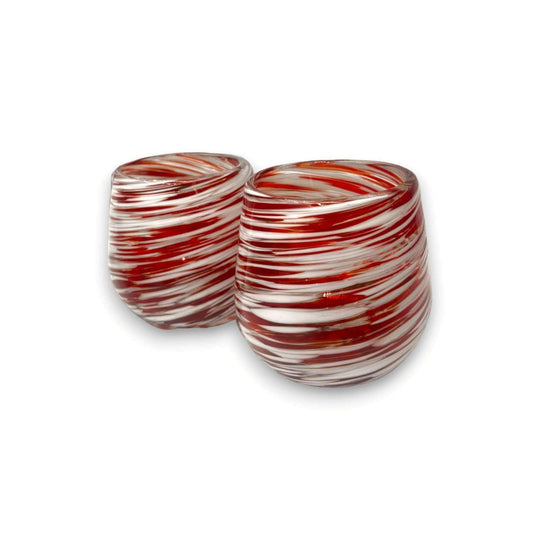 Red Swirl Stemless Wine Glass | Hand-Blown Mexican Glassware - pair of red and white hand-blown lead-free stemless wine glasses from Guanajuato artisan workshop