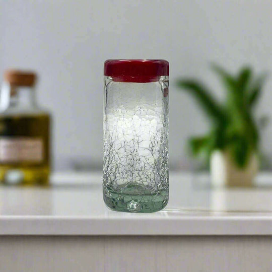 Hand-Blown Crackled Shot Glass | Red Rim Mexican Barware - handcrafted lead-free crackled glass shot glass with vibrant red rim
