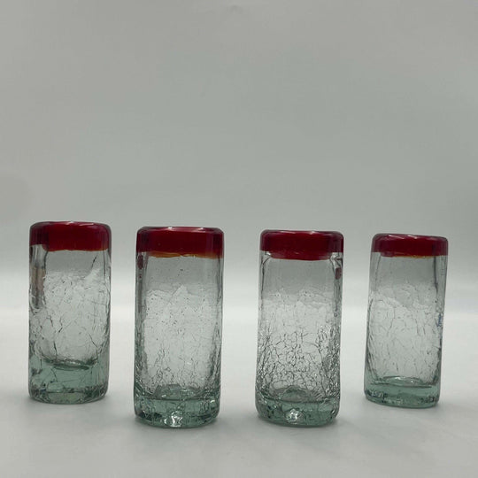 Hand-Blown Crackled Shot Glass | Red Rim Mexican Barware - set of four hand-blown crackled glasses with vibrant red rims