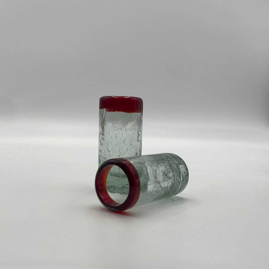 Hand-Blown Crackled Shot Glass | Red Rim Mexican Barware - two hand-blown crackled glasses with vibrant red rims on white background