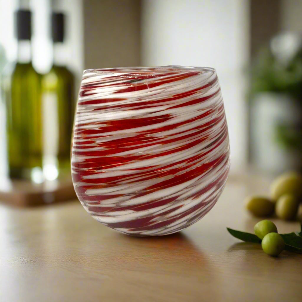 Hand-Blown Stemless Wine Glass - Red & White Swirl