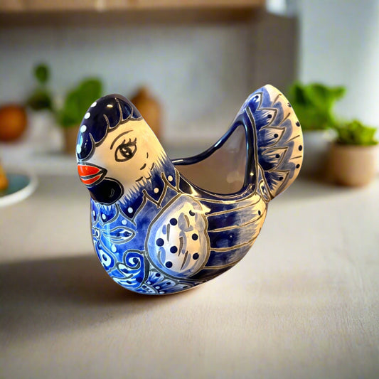 Blue & White Talavera Chicken Planter | Hand-Painted Mexican Decor