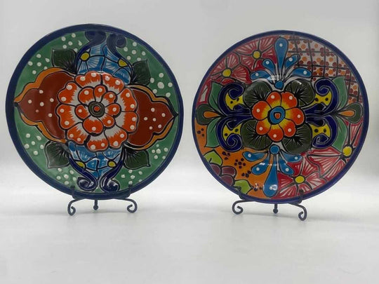 8" Talavera Dinner Plate | Hand-Painted Mexican Folk Art Dish vibrant hand-painted orange green cobalt blue floral plate on stand