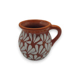 Mexican Clay Jarrito Mug | Handmade Brown Pottery Cup - hand-painted brown clay mug with white etched floral pattern, matte finish, Guanajuato artisanal piece