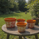 Set of 4 Talavera Flower Pots | Brown & White Terracotta Planters