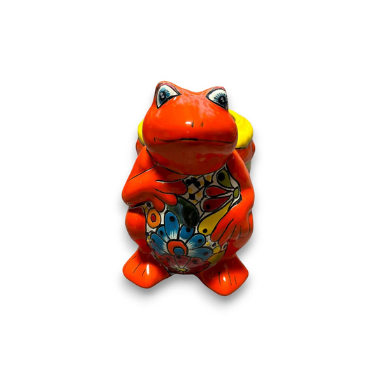 Talavera Frog Planter | Colorful Hand-Painted Mexican Pottery - bright orange hand-painted frog planter with floral Talavera design, lead-free glaze