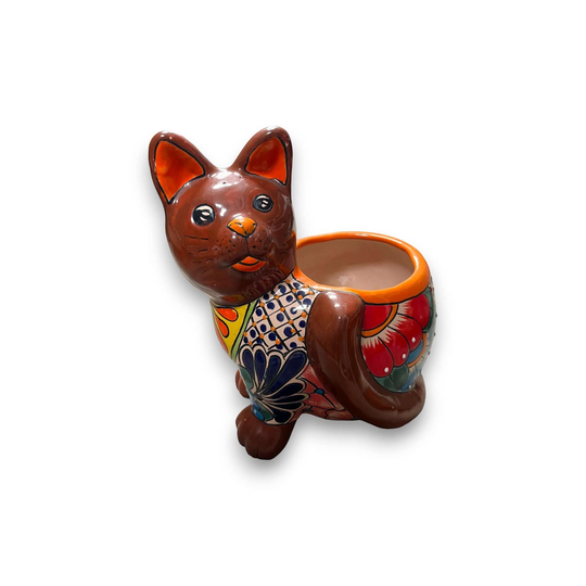 Handmade Cat Planter | Hand Painted Cat Talavera Artwork (Medium Size) - hand-painted brown Talavera ceramic cat planter from Guanajuato, kiln-fired, lead-free glaze