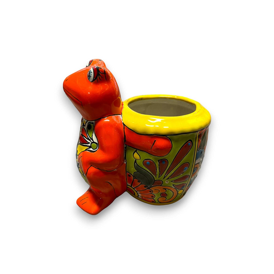 Talavera Frog Planter | Colorful Hand-Painted Mexican Pottery bright orange hand-painted frog planter with floral Talavera design