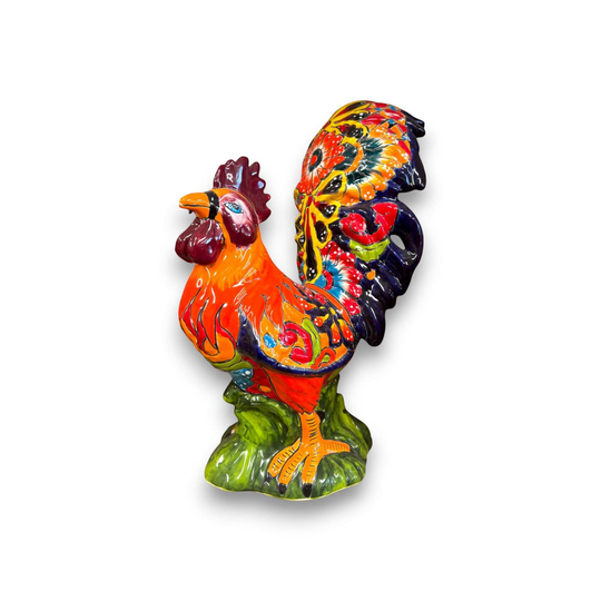 Talavera Rooster Statue | Large Hand-Painted Ceramic Decor — vibrant hand-painted Talavera rooster with floral details, kiln-fired lead-free glaze