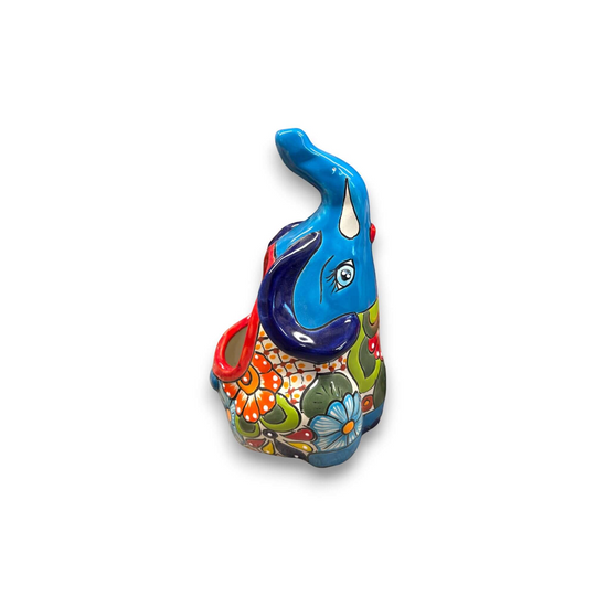 Handmade Talavera Elephant Planter | Colorful Medium Animal Art - hand-painted blue elephant planter with floral Talavera design