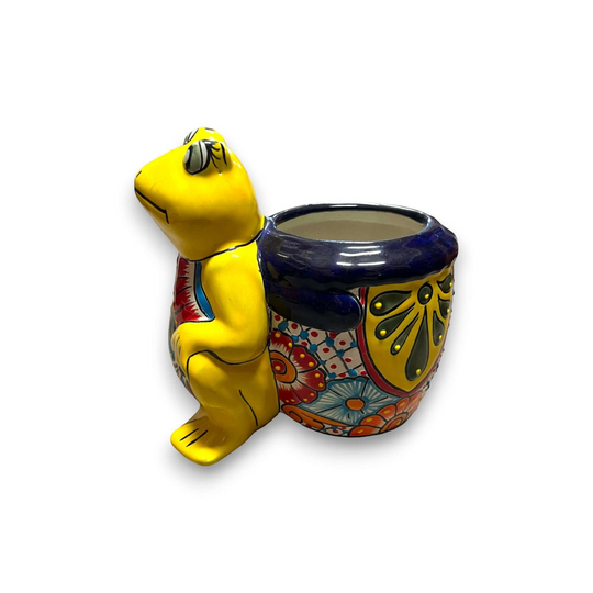 Talavera Frog Planter | Colorful Hand-Painted Mexican Pottery - yellow hand-painted Talavera frog planter with floral patterns, kiln-fired, lead-free glaze