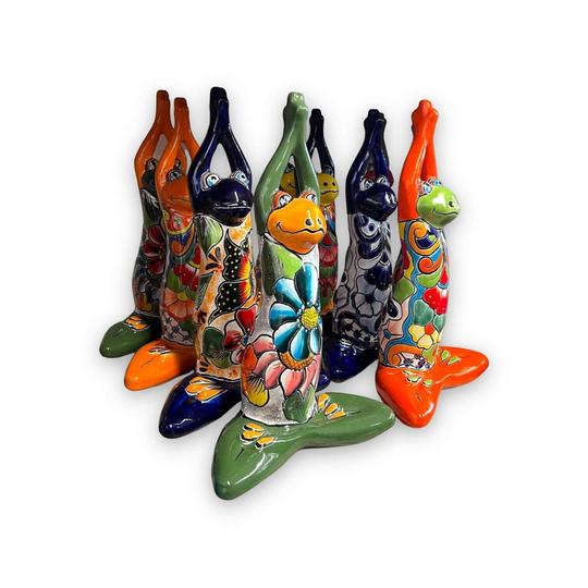 Colorful Hand Painted Talavera Frog Statue | Large Mexican Art Decor — group of vibrant hand-painted Talavera ceramic frog statues from Guanajuato