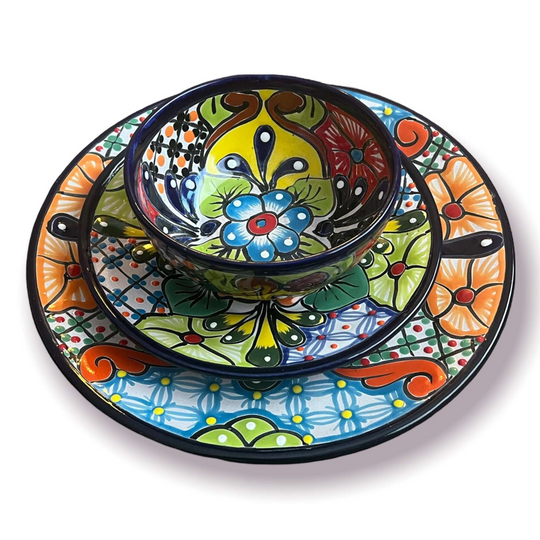 Talavera Dinnerware Set | 26-Piece Vibrant Floral Mexican Dishware hand-painted 3-piece place setting with colorful floral Talavera design