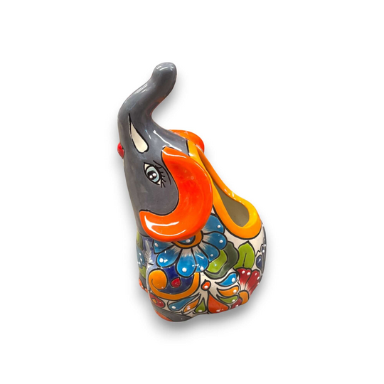 Handmade Talavera Elephant Planter | Colorful Medium Animal Art - hand-painted gray elephant planter with bright orange ears and floral pattern