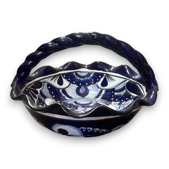 Talavera Fruit Basket | Colorful Hand-Painted Centerpiece - blue hand-painted Talavera ceramic basket centerpiece