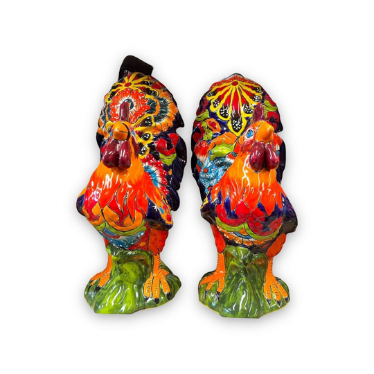 Talavera Rooster Statue | Large Hand-Painted Ceramic Decor - vibrant hand-painted Mexican Talavera ceramic rooster pair, kiln-fired lead-free glaze